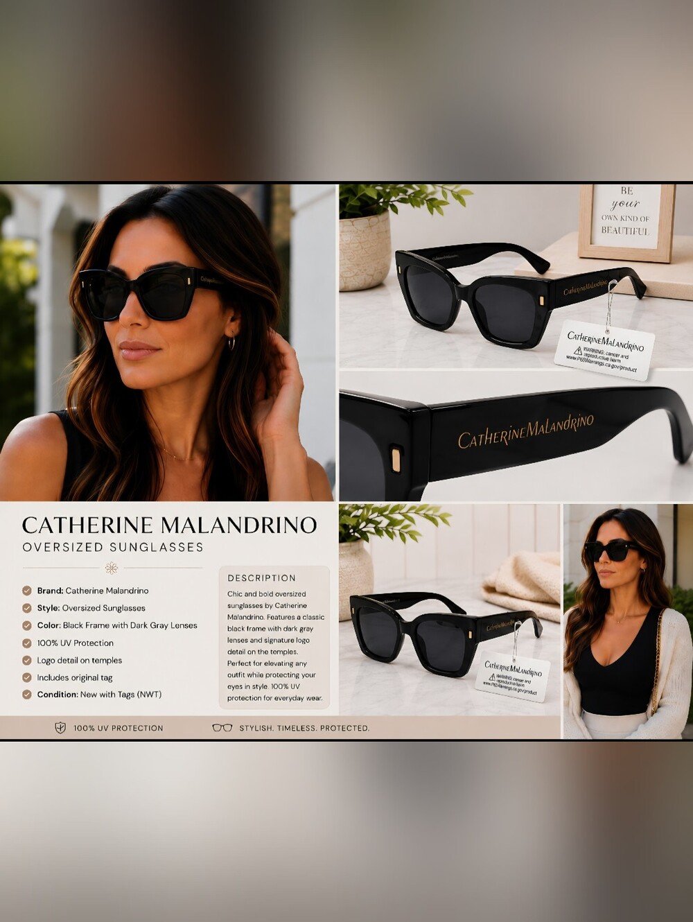 Catherine Malandrino Black Oversized Square Sunglasses